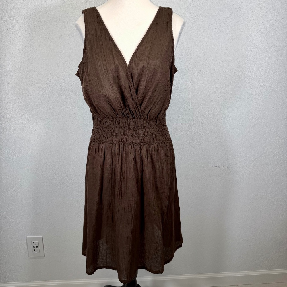 Eddie Bauer Sleeveless Smocked Waist V-Neckline Chocolate Brown Midi Dress 1X
